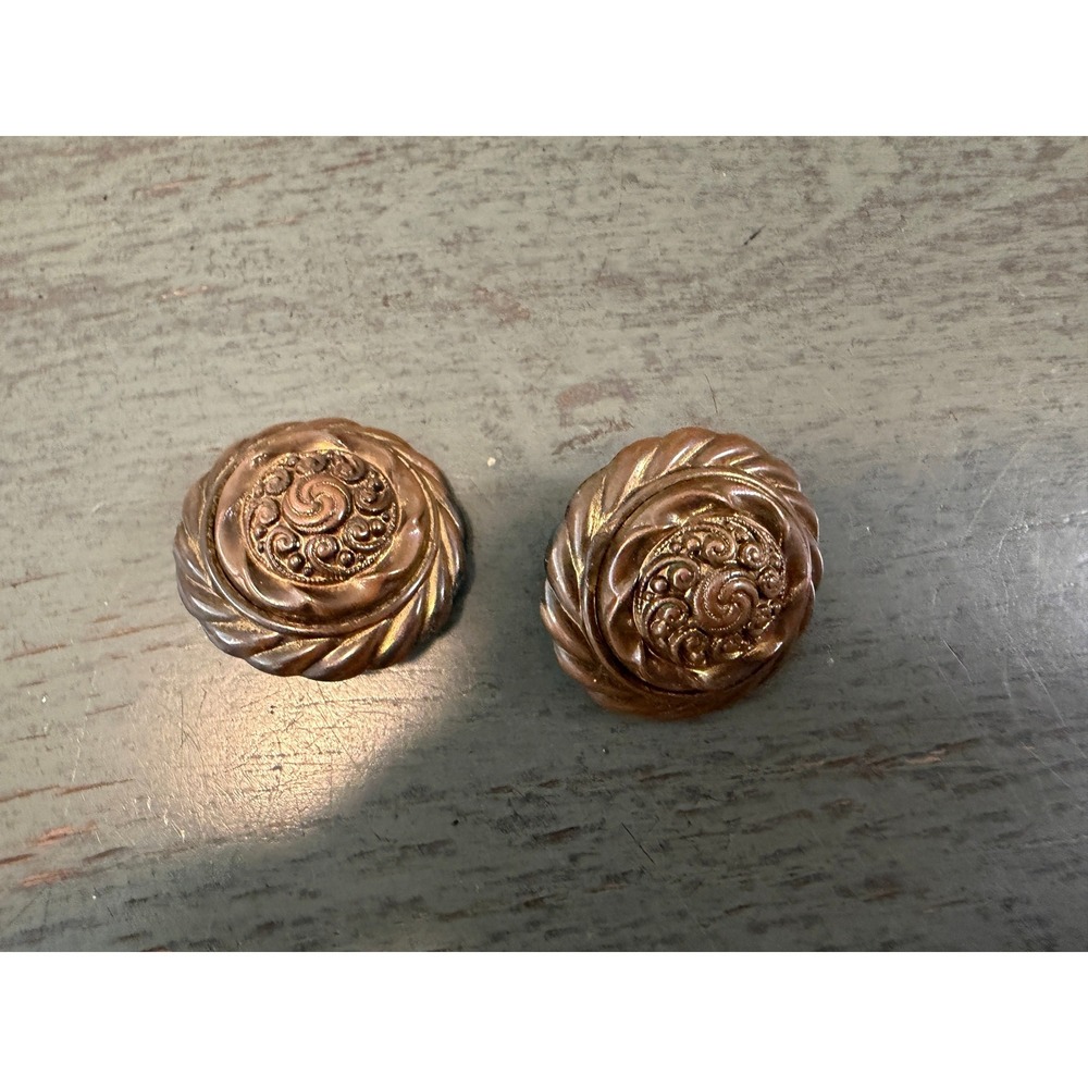 Vintage Copper Tone Swirl Rope Textured Round Clip On Statement Earrings 1 Inch
